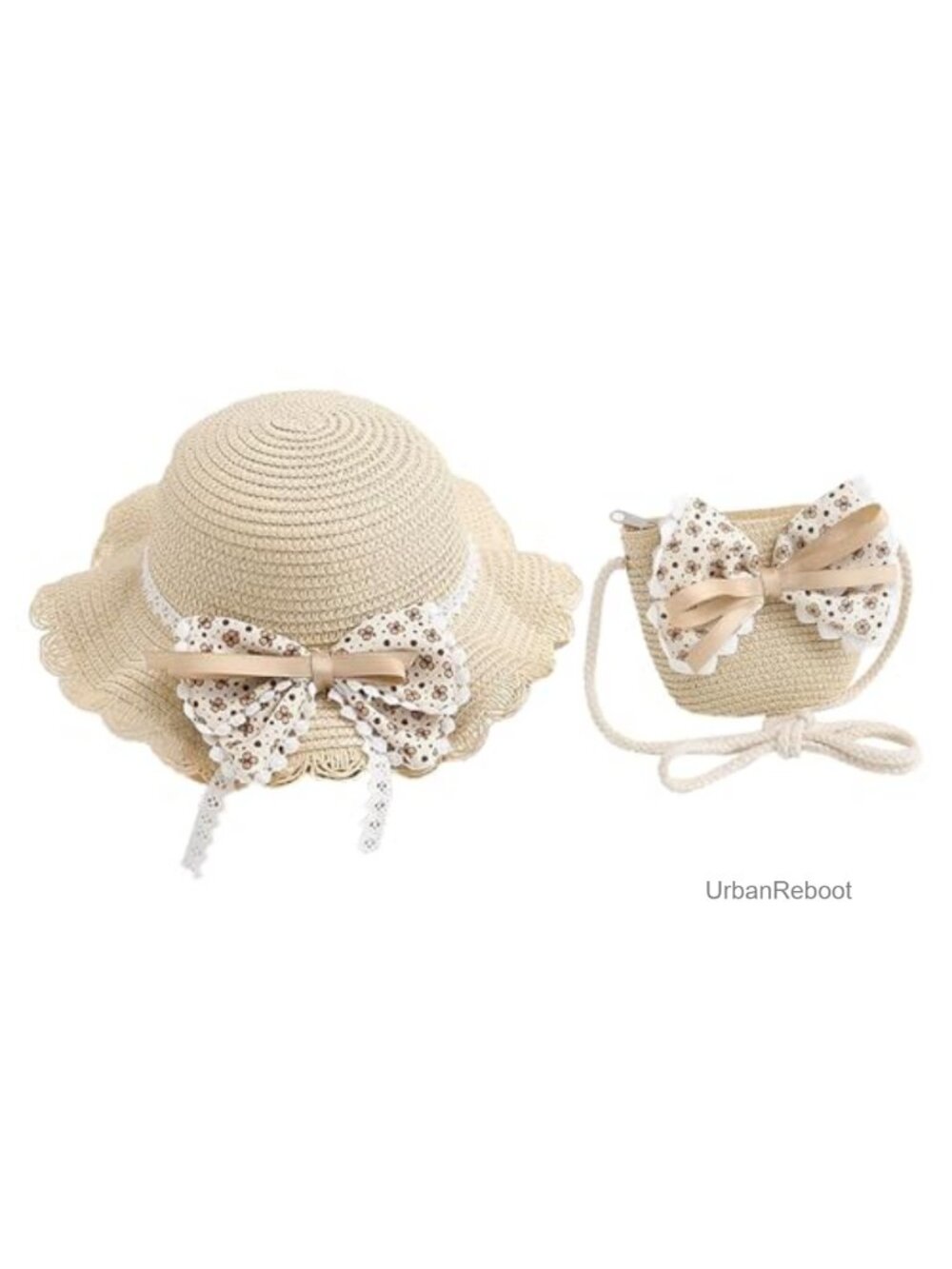 Girls Straw Sun Hat with Shoulder Bag UPF 50+ Wide Brim Beach Cap
